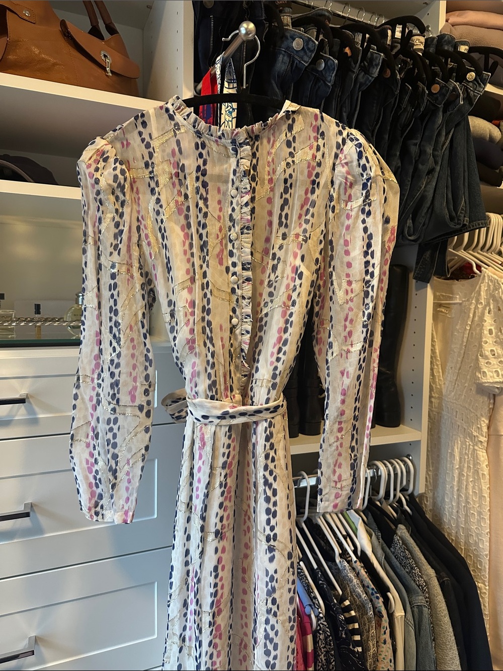 Reiss Cream Printed Long-Sleeve Belted Midi Dress